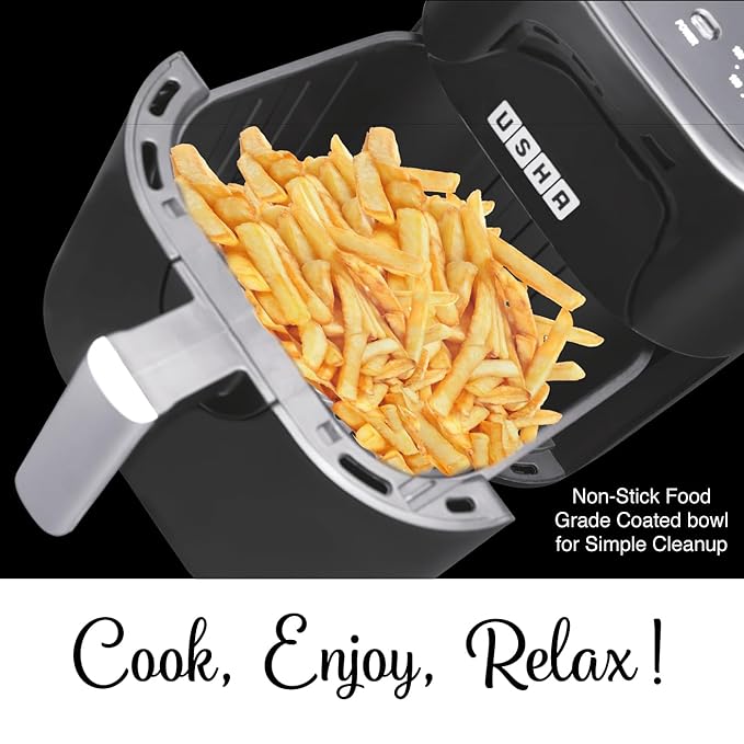 Usha iChef Air Fryer 4.5L, Analog, 10 in 1 Functions: Air frying, Baking, Roasting, Grilling, Thawing, Slow cooking, Barbeque, Braising, Toasting and Air drying |Turbo Air Circulation|Oil Free Cooking (Black)