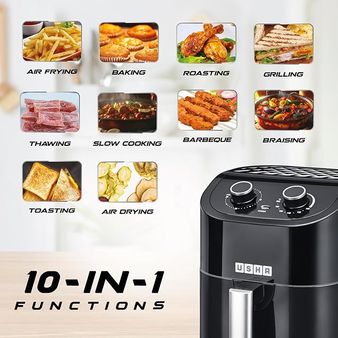 Usha iChef Air Fryer 4.5L, Analog, 10 in 1 Functions: Air frying, Baking, Roasting, Grilling, Thawing, Slow cooking, Barbeque, Braising, Toasting and Air drying |Turbo Air Circulation|Oil Free Cooking (Black)