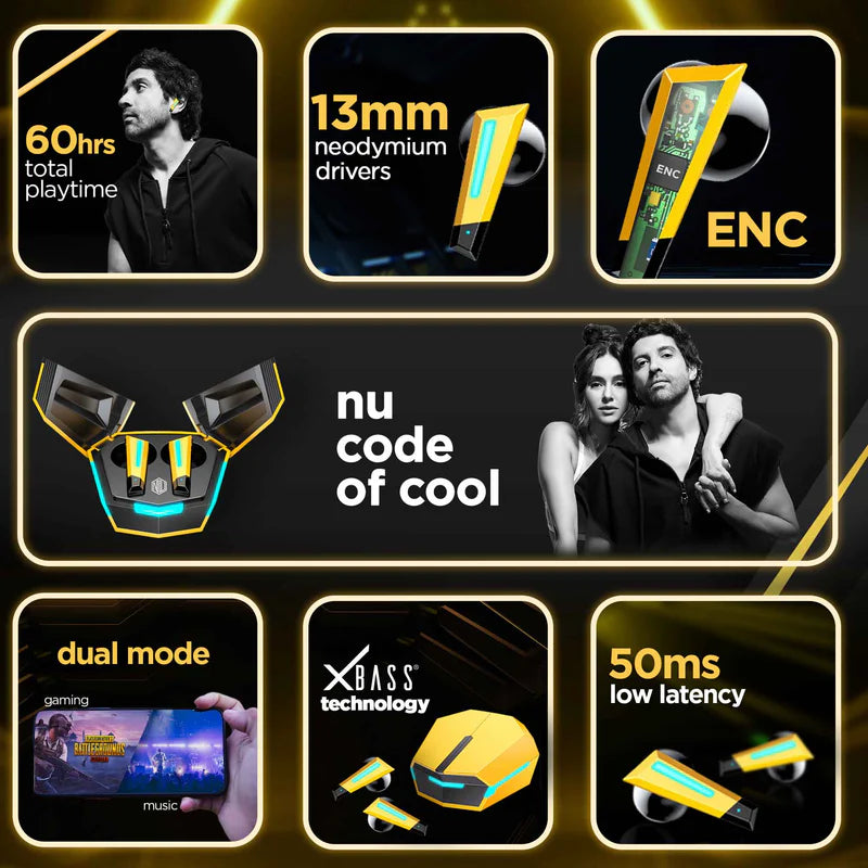 Nu Republic Transform-X Earphone, Earbuds Bluetooth Wireless with X-Bass, ENC Technology, 60 Hrs Playtime, TWS with Mic and Hall Sensor, Fast Charge, Dual Mode - Yellow