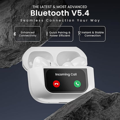 HAMMER Screen TWS, ANC (32dB), Smart Touch Display True Wireless Buds, Type-C Fast Charging, Bv5.4, Find My Earbuds, 4 Mics ENC for Clear Calling, Transparency Mode, EQ Mode (White)
