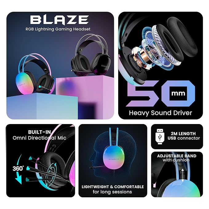 HAMMER Blaze Wired Over Ear Gaming Headphones with Mic, 50mm Drivers, Full RGB Lights, Gaming Headset with Adjustable Bands, Breathable earcushion, 1.5Mtr wire with USB (Black)
